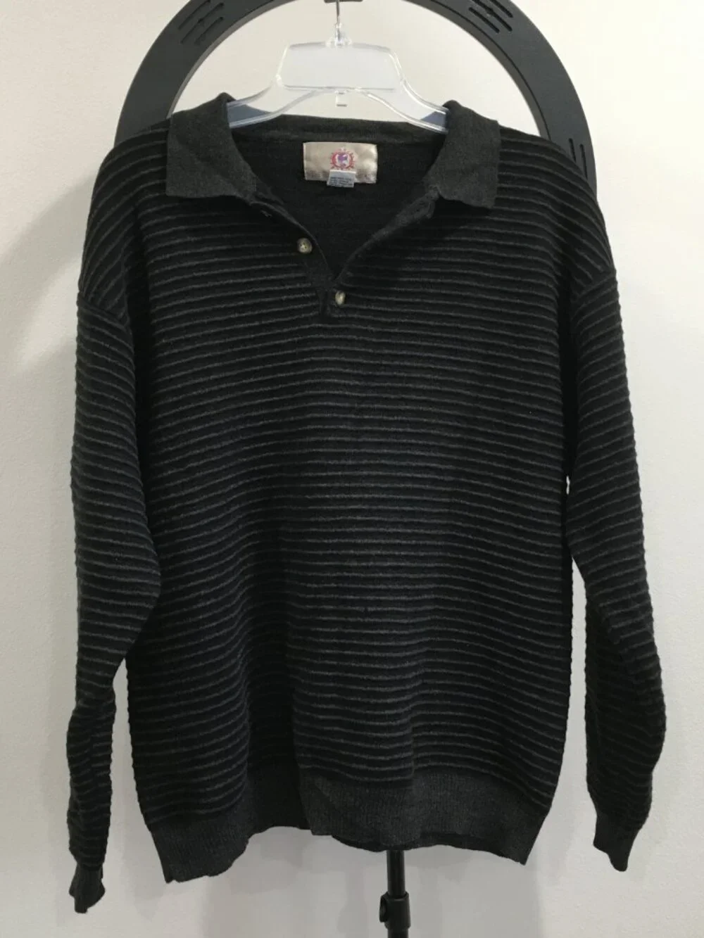 THE TERRITORY AHEAD Dark Gray/Black Striped 100% Merino Wool Knit Sweater